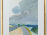 a watercolor painting of a road with trees and clouds in the background