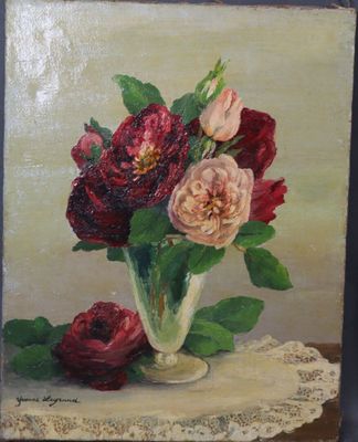 painting of a vase of flowers on a table with a lace doidle