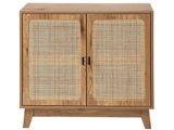 a wooden cabinet with a rattan door and two doors