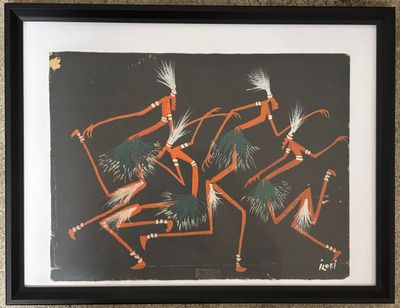 painting of a group of dancers with feathers in a black frame