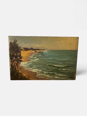 une peinture représentant une peinture d'une plage avec des arbres au bord de l'eau