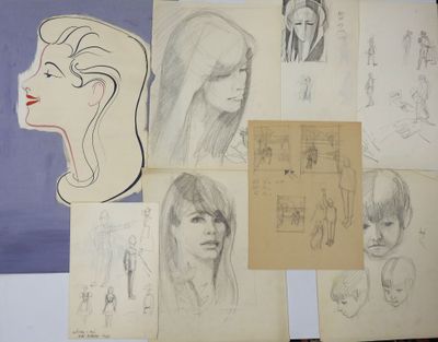 sketches of a woman ' s head and various other drawings on a piece of paper