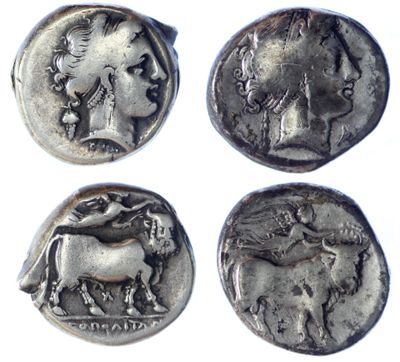 four ancient roman coins with a woman on one side and a horse on the other