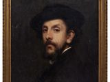 un tableau représentant un homme portant un chapeau noir et une barbe
