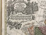 an old map of the world with a picture of a man holding a flag