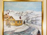 une photo d'un tableau représentant une maison sous la neige