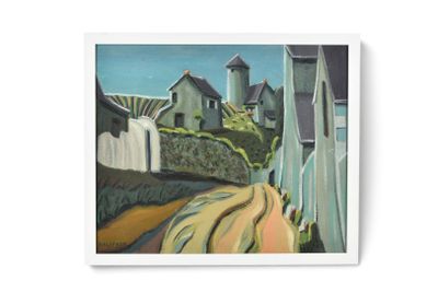 une peinture à l'huile représentant une route de campagne avec des maisons à l'arrière-plan