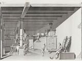 an old drawing of a room with a bunch of people in it