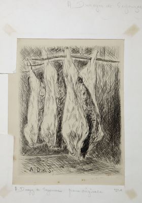 deux dessins représentant un chat suspendu à une corde à linge dans une pièce