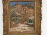 an oil painting of a dirt road with a mountain in the background