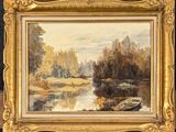 an oil painting of a river scene with a boat in the foreground