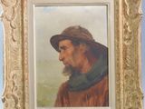 tableau représentant un vieil homme portant un chapeau et une écharpe, dans un cadre doré