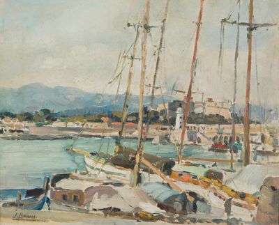 une peinture de bateaux dans un port avec des bâtiments à l'arrière-plan