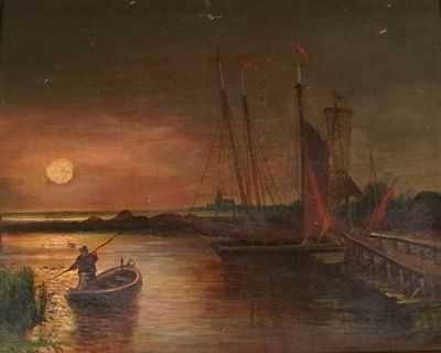 an image of a painting of a man in a boat on the water