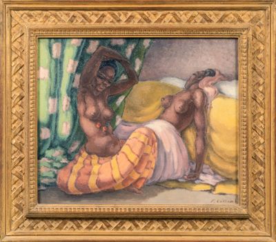 an image of a painting of two women laying on a bed