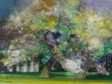 a painting of a tree in the middle of a field
