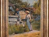an oil painting of a woman carrying a basket on her head