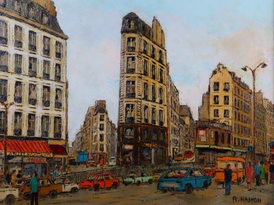painting of a painting of a city street with cars and buildings
