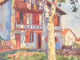 an oil painting of a house on a hill with a tree in the foreground