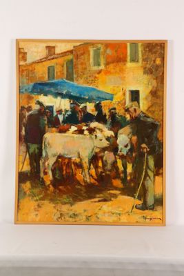 a painting of a group of people standing around a group of animals