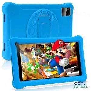 La tablette est bleue et comporte une image de Mario et Luigi.