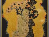 tableau représentant une femme tenant un parapluie orné d'étoiles sur fond jaune