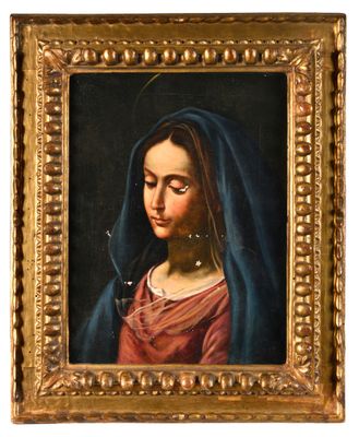 un tableau représentant une femme en robe rouge avec un voile bleu