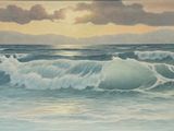 painting of a painting of a sunset over the ocean with waves