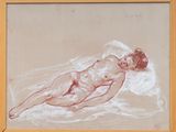 drawing of a nude woman laying on a bed in a wooden frame