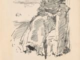an old drawing of a woman sitting in a chair with a cat