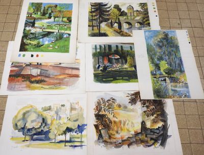 many pictures of watercolor paintings on the floor
