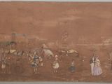 tableau représentant un groupe de personnes sur une plage, avec une calèche
