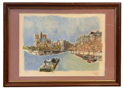 framed watercolor painting of a boat on a river with a castle in the background