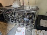 a metal cage with a cat sitting on top of it