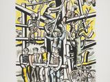 a painting of a group of people standing in front of a building