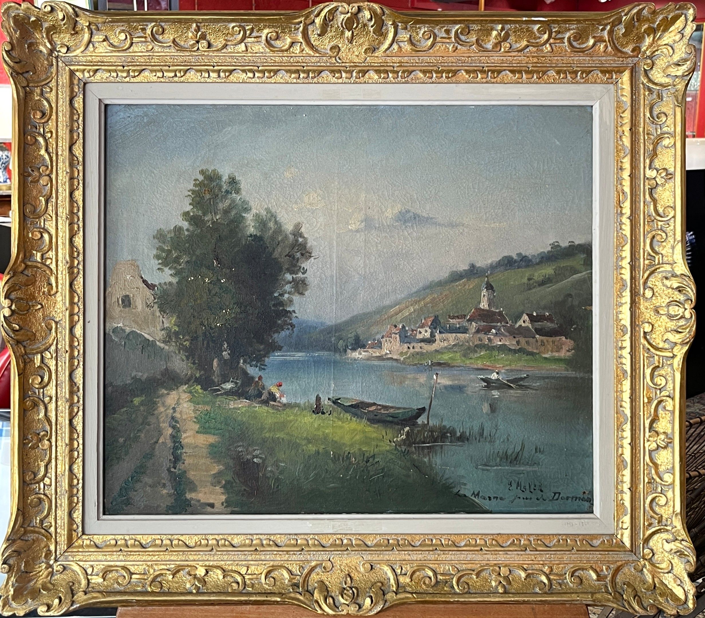 E. MAYER (XXe siècle). "La Marne près de Dormans". Huile sur toile. Signé et titré en bas à droite. 45,5 x 56 cm. Acc...