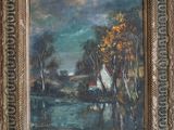 une peinture à l'huile représentant une scène fluviale avec un parapluie rouge