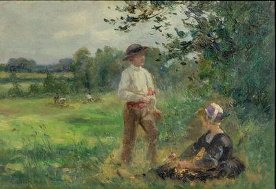 un tableau représentant un homme et une femme dans un champ