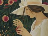 painting of a woman in a white hat picking peachs from a tree