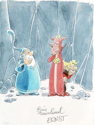 dessin représentant un groupe de personnages de dessins animés debout devant une grotte