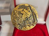 a gold medal sitting in a red box on display
