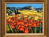une peinture à l'huile représentant un champ de fleurs rouges avec des collines en arrière-plan