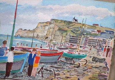 tableau représentant une scène de plage avec des bateaux et des personnes sur le rivage