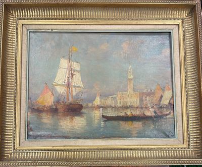 painting of a harbor scene with boats and a lighthouse in the distance