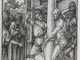 un dessin en noir et blanc représentant un groupe de personnes rassemblées autour d'un bâtiment
