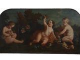 painting of three babies playing with flowers in a wooded setting