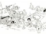 cartoon drawing of a group of children playing with a tank
