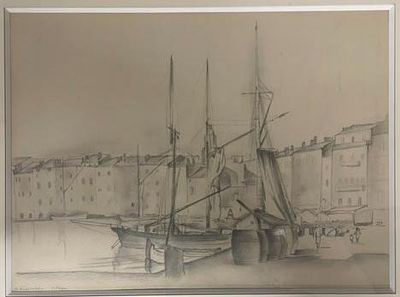 drawing of a boat docked in a harbor with buildings in the background