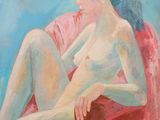 a painting of a woman sitting in a chair with her legs crossed