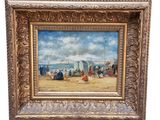 an oil painting of a beach scene with people sitting on the sand